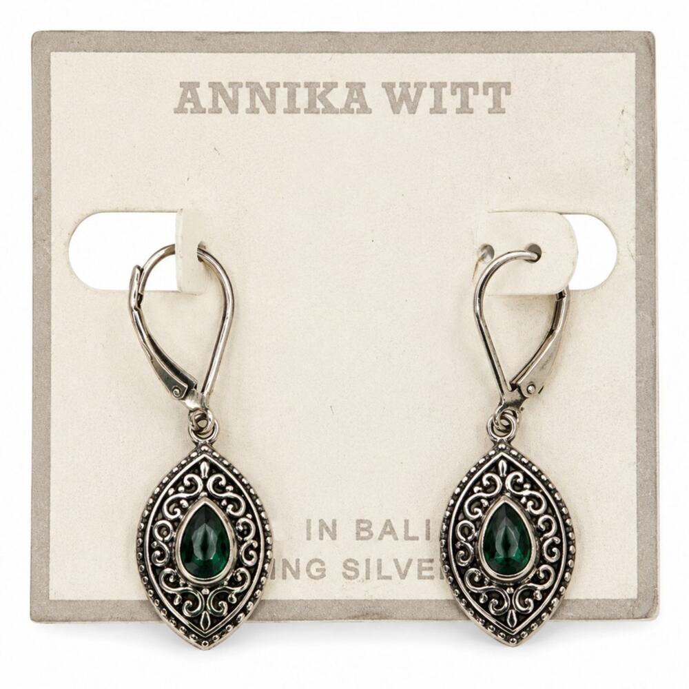 Annika Witt 925 Sterling Silver Green Crystal Teardrop Leverback Earrings